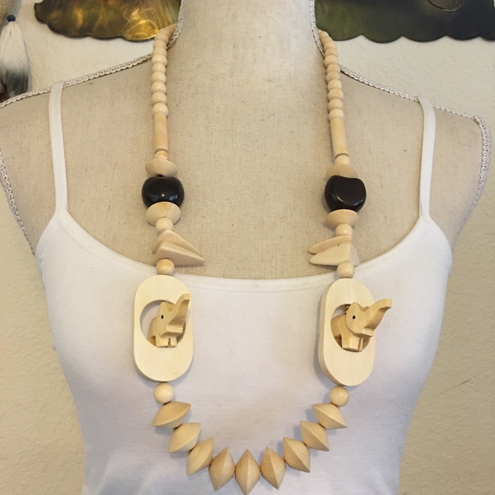 Vintage wood and kukui lucky elephant necklace